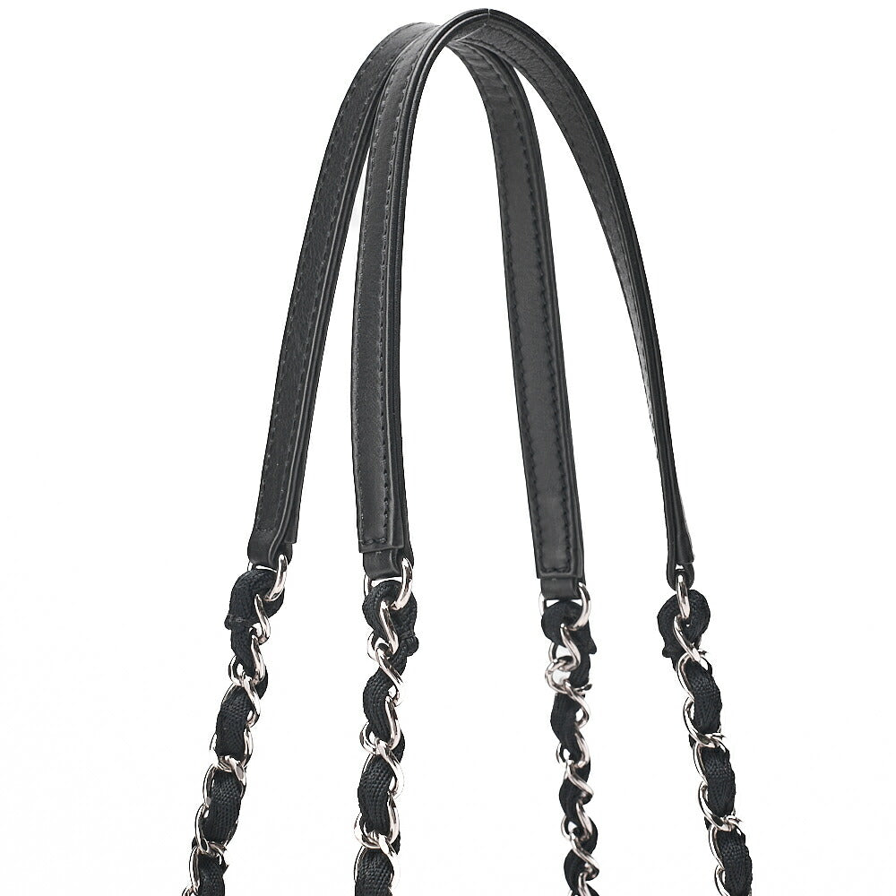CHANEL Deauville PM Logo Mark Chain Tote Bag Canvas Gray x Navy Silver-Tone Hardware, Pre-Owned