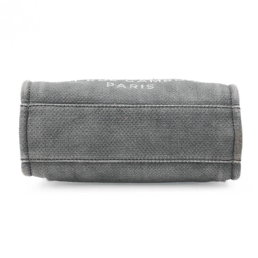 CHANEL Deauville PM Logo Mark Chain Tote Bag Canvas Gray x Navy Silver-Tone Hardware, Pre-Owned