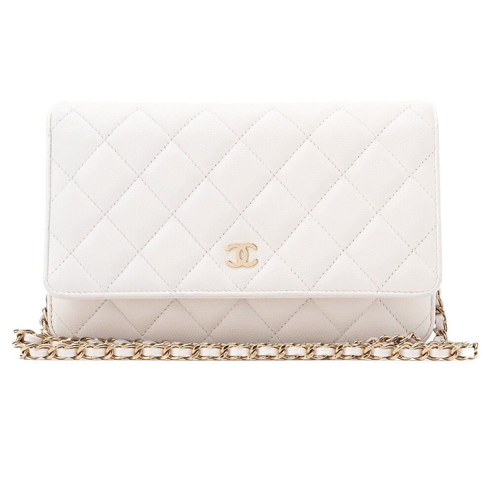 CHANEL マトラッセ チェーンウォレット キャビアスキン ホワイト ゴールド金具 中古品