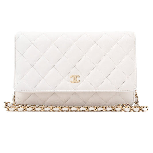 CHANEL Matelasse Chain Wallet Caviar Skin White Gold-Tone Hardware, Pre-Owned