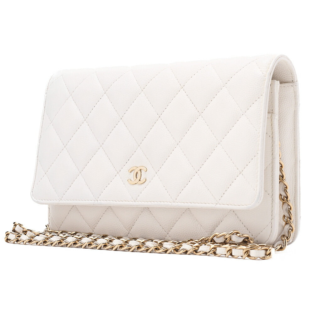 CHANEL マトラッセ チェーンウォレット キャビアスキン ホワイト ゴールド金具 中古品
