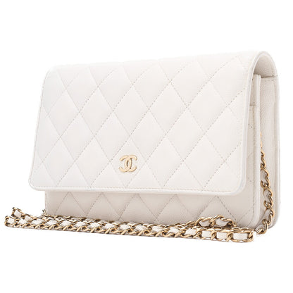 CHANEL マトラッセ チェーンウォレット キャビアスキン ホワイト ゴールド金具 中古品
