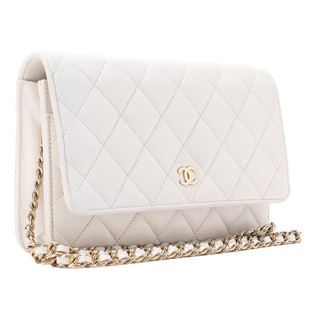 CHANEL マトラッセ チェーンウォレット キャビアスキン ホワイト ゴールド金具 中古品