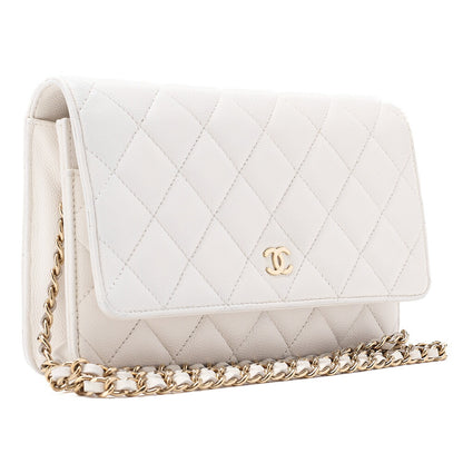 CHANEL マトラッセ チェーンウォレット キャビアスキン ホワイト ゴールド金具 中古品