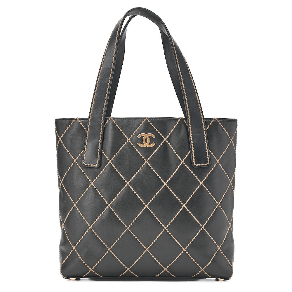 CHANEL Coco Mark Wild Stitch Tote Bag Calfskin Black Gold-Tone Hardware, Pre-Owned