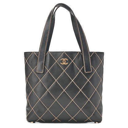 CHANEL Coco Mark Wild Stitch Tote Bag Calfskin Black Gold-Tone Hardware, Pre-Owned