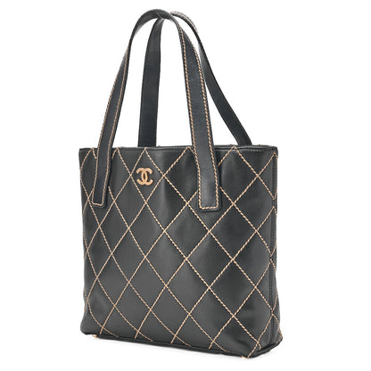 CHANEL Coco Mark Wild Stitch Tote Bag Calfskin Black Gold-Tone Hardware, Pre-Owned