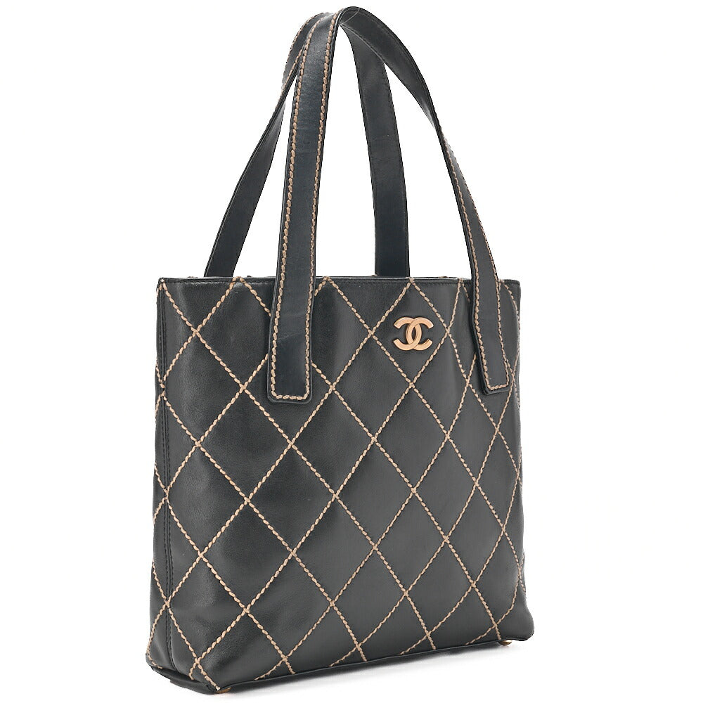 CHANEL Coco Mark Wild Stitch Tote Bag Calfskin Black Gold-Tone Hardware, Pre-Owned