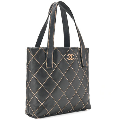 CHANEL Coco Mark Wild Stitch Tote Bag Calfskin Black Gold-Tone Hardware, Pre-Owned