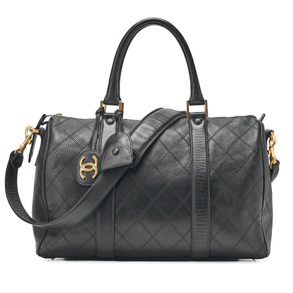 CHANEL Matelasse Bicolore 2WAY Shoulder Boston Lambskin Black Gold-Tone Hardware, Pre-Owned