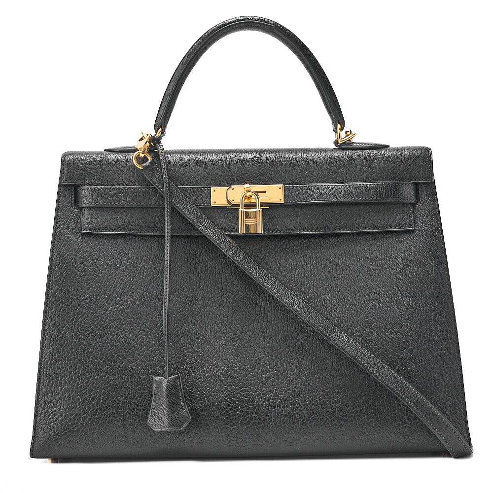 HERMES Kelly 35 Chevre Coromandel 2-way Handbag Black Gold-Tone Hardware, Pre-Owned