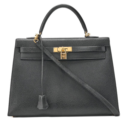 HERMES Kelly 35 Chevre Coromandel 2-way Handbag Black Gold-Tone Hardware, Pre-Owned