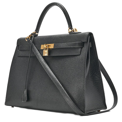 HERMES Kelly 35 Chevre Coromandel 2-way Handbag Black Gold-Tone Hardware, Pre-Owned