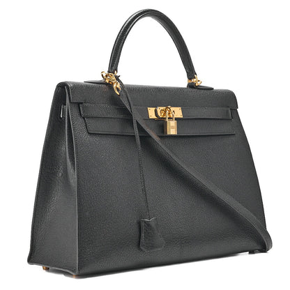HERMES Kelly 35 Chevre Coromandel 2-way Handbag Black Gold-Tone Hardware, Pre-Owned
