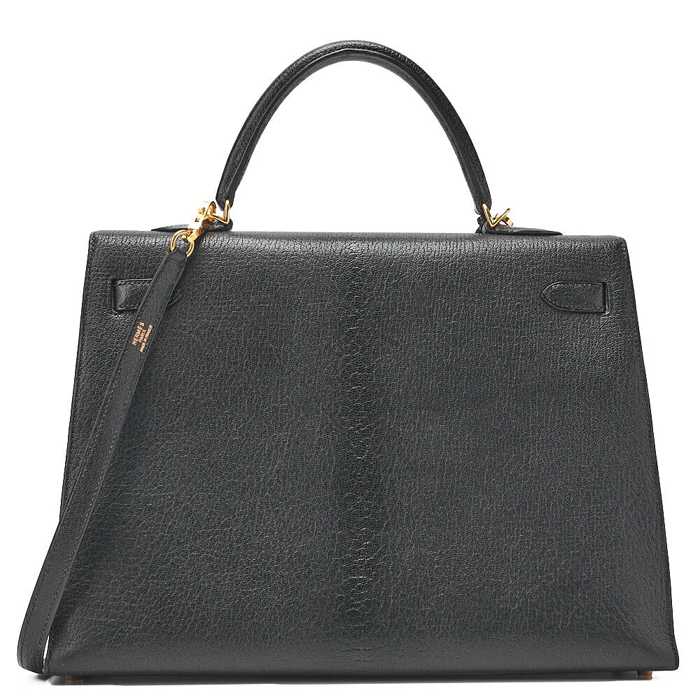 HERMES Kelly 35 Chevre Coromandel 2-way Handbag Black Gold-Tone Hardware, Pre-Owned