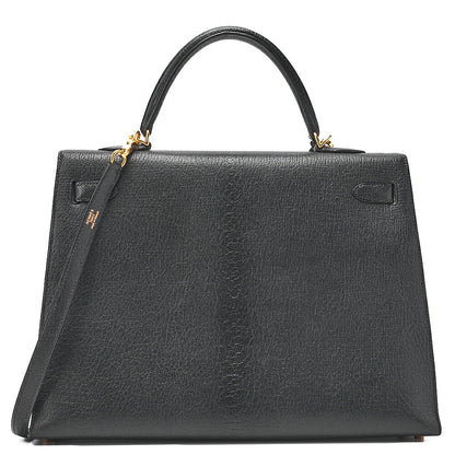 HERMES Kelly 35 Chevre Coromandel 2-way Handbag Black Gold-Tone Hardware, Pre-Owned