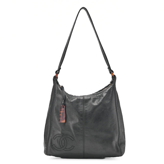 CHANEL Coco Mark Tortoiseshell Plate Charm Shoulder Bag Lambskin Black Gold-Tone Hardware, Pre-Owned