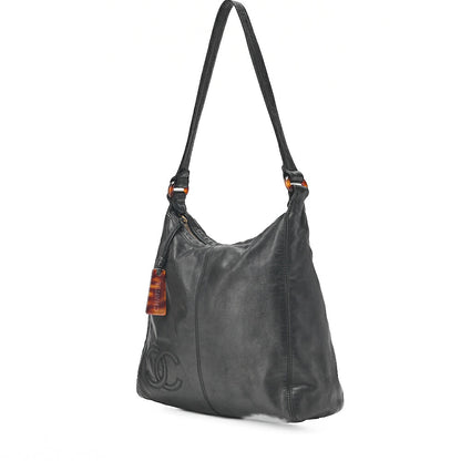 CHANEL Coco Mark Tortoiseshell Plate Charm Shoulder Bag Lambskin Black Gold-Tone Hardware, Pre-Owned