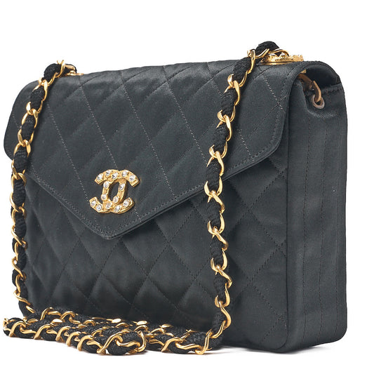 CHANEL Matelasse V-Flap Rhinestone Chain Shoulder Bag Satin Black Gold-Tone Hardware, Pre-Owned