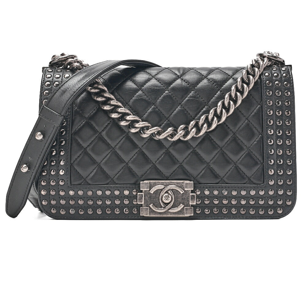 CHANEL Lambskin x Studs Boy Chanel Chain Shoulder Black Silver-Tone Hardware, Pre-Owned