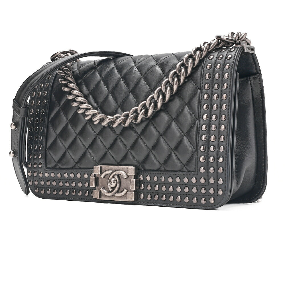 CHANEL Lambskin x Studs Boy Chanel Chain Shoulder Black Silver-Tone Hardware, Pre-Owned