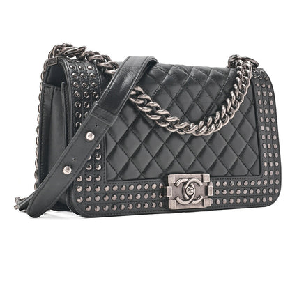 CHANEL Lambskin x Studs Boy Chanel Chain Shoulder Black Silver-Tone Hardware, Pre-Owned