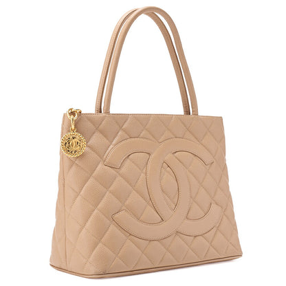 CHANEL Matelasse Reprint Tote Bag Caviar Skin Beige Gold-Tone Hardware, Pre-Owned
