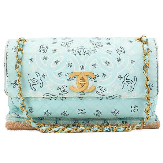 CHANEL Canvas x Raffia Deca Coco Mark Matelasse 33cm Single Flap Chain Shoulder Mint Color Gold-Tone Hardware, Pre-Owned