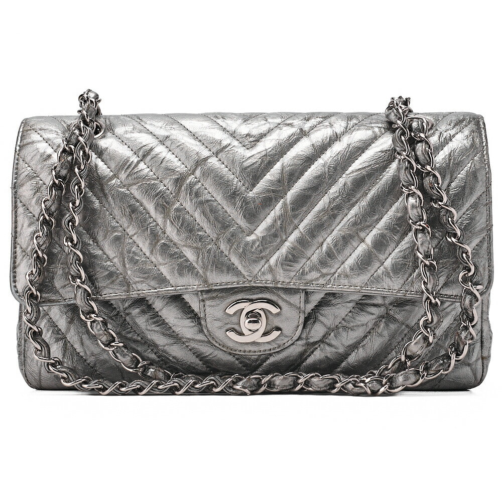 CHANEL Chevron Double Flap Chain Shoulder Enamel Silver-Tone Hardware, Pre-Owned
