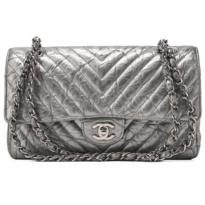 CHANEL Chevron Double Flap Chain Shoulder Enamel Silver-Tone Hardware, Pre-Owned