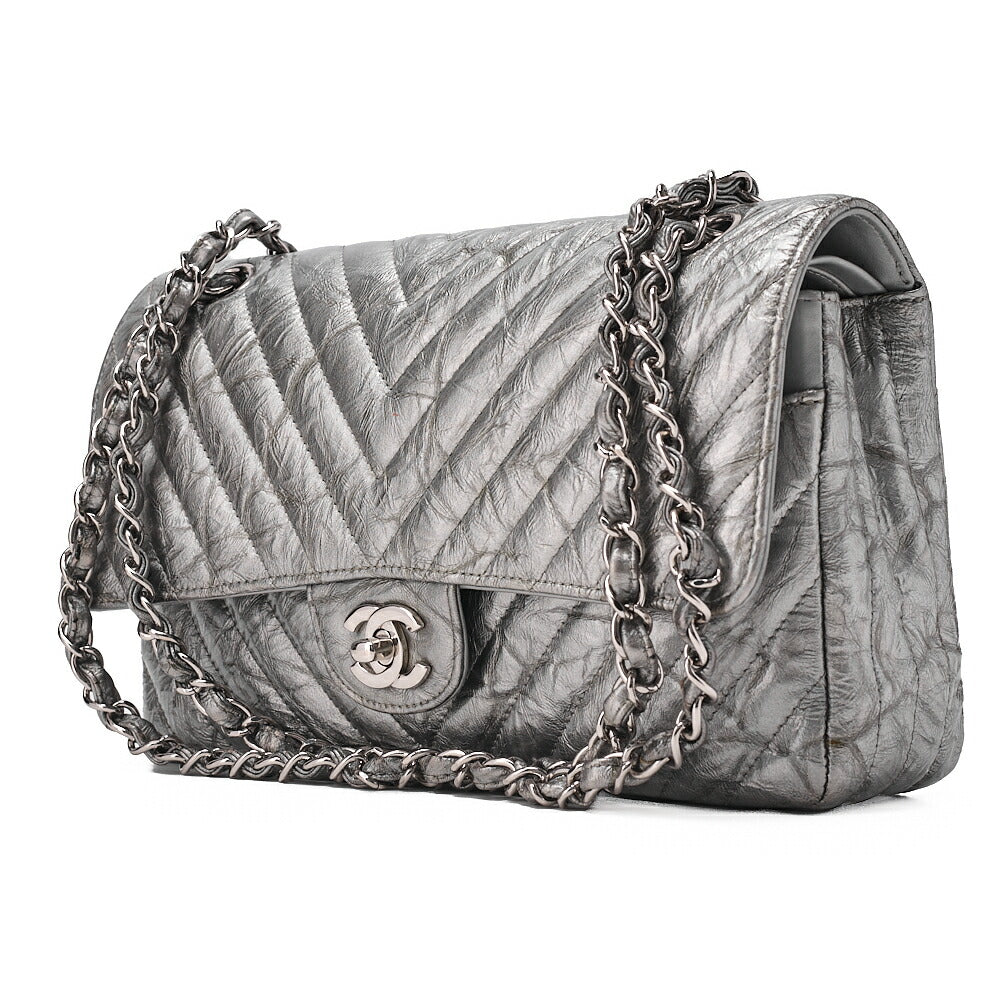 CHANEL Chevron Double Flap Chain Shoulder Enamel Silver-Tone Hardware, Pre-Owned