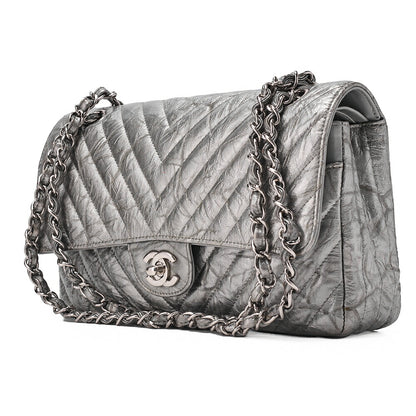 CHANEL Chevron Double Flap Chain Shoulder Enamel Silver-Tone Hardware, Pre-Owned