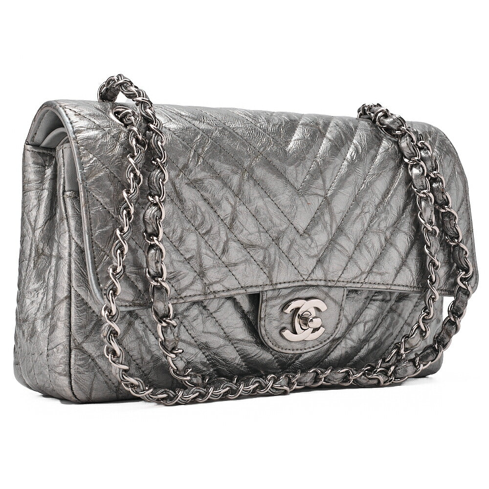 CHANEL Chevron Double Flap Chain Shoulder Enamel Silver-Tone Hardware, Pre-Owned