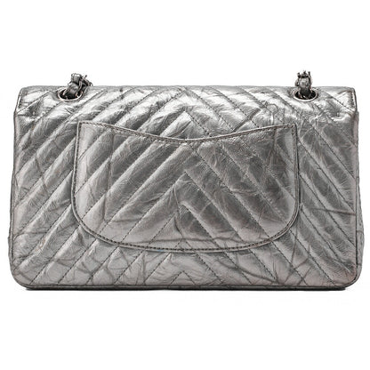 CHANEL Chevron Double Flap Chain Shoulder Enamel Silver-Tone Hardware, Pre-Owned