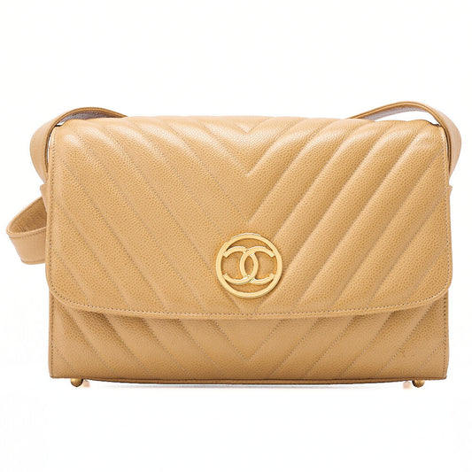 CHANEL Circle Coco Mark Single Flap Shoulder Bag Caviar Skin Beige Gold-Tone Hardware, Pre-Owned