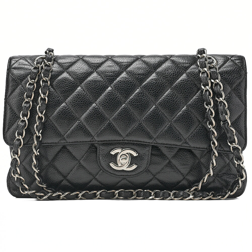 CHANEL Matelasse  25cm Double Flap Chain Shoulder Caviar Skin Black Silver-Tone Hardware, Pre-Owned