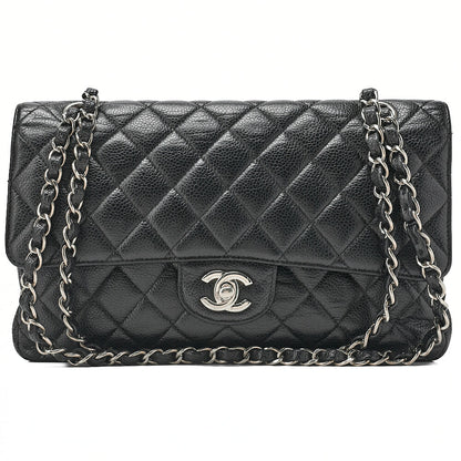 CHANEL Matelasse  25cm Double Flap Chain Shoulder Caviar Skin Black Silver-Tone Hardware, Pre-Owned