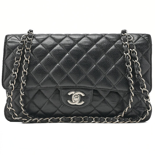 CHANEL Matelasse  25cm Double Flap Chain Shoulder Caviar Skin Black Silver-Tone Hardware, Pre-Owned