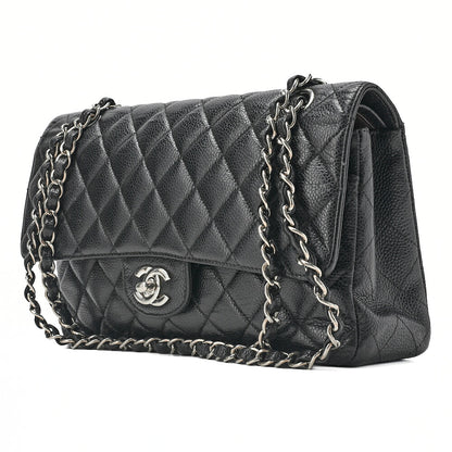 CHANEL Matelasse  25cm Double Flap Chain Shoulder Caviar Skin Black Silver-Tone Hardware, Pre-Owned