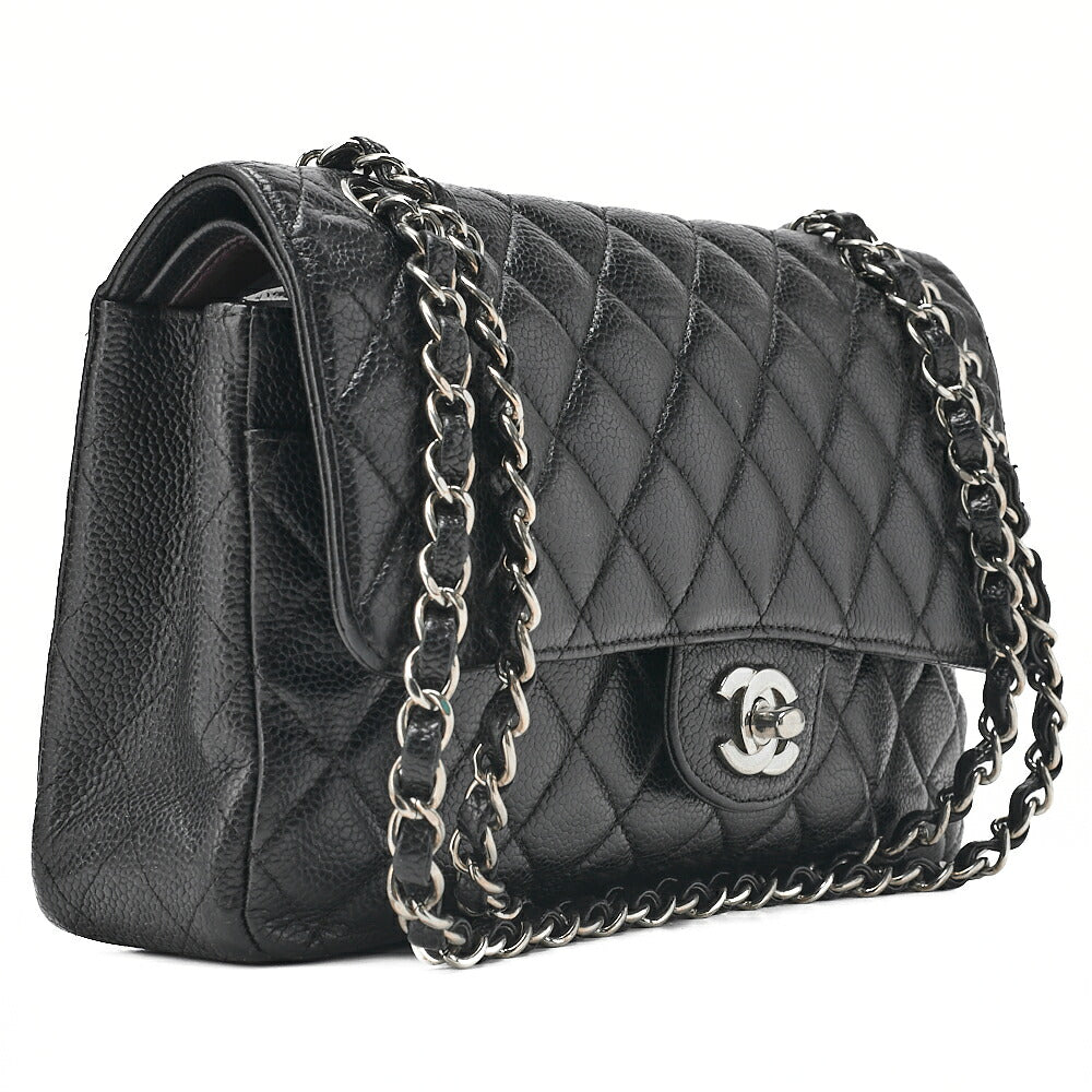 CHANEL Matelasse  25cm Double Flap Chain Shoulder Caviar Skin Black Silver-Tone Hardware, Pre-Owned