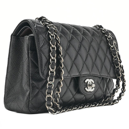 CHANEL Matelasse  25cm Double Flap Chain Shoulder Caviar Skin Black Silver-Tone Hardware, Pre-Owned