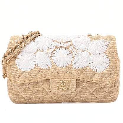 CHANEL Raffia x Hemp Deca Matelasse 30 Single Flap Chain Shoulder Beige Gold-Tone Hardware, Pre-Owned