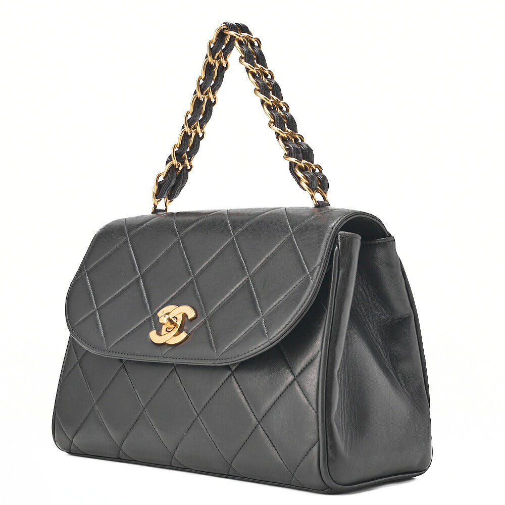 CHANEL Matelasse Trapezoidal Round Flap Single Chain Hand Lambskin Black Gold-Tone Hardware, Pre-Owned