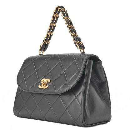 CHANEL Matelasse Trapezoidal Round Flap Single Chain Hand Lambskin Black Gold-Tone Hardware, Pre-Owned