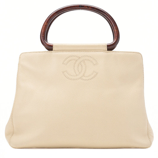 CHANEL Coco Mark Wood Pattern Handbag Caviar Skin Beige Gold-Tone Hardware, Pre-Owned