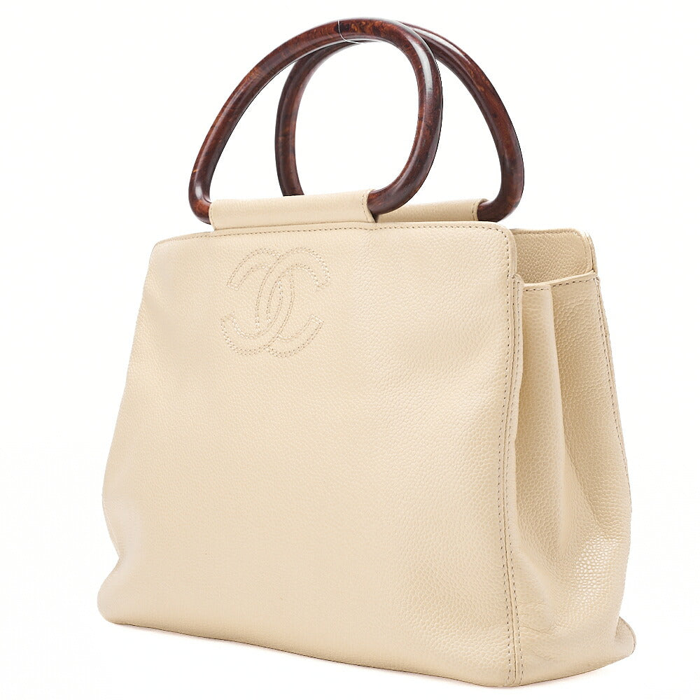 CHANEL Coco Mark Wood Pattern Handbag Caviar Skin Beige Gold-Tone Hardware, Pre-Owned
