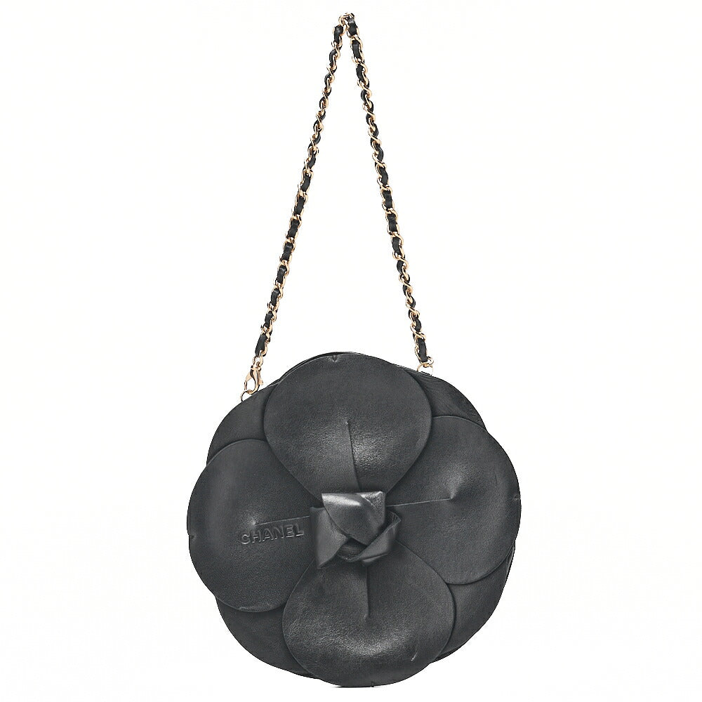 CHANEL Logo Camellia Pattern Chain Shoulder Satin x Leather Black Gold-Tone Hardware, Pre-Owned