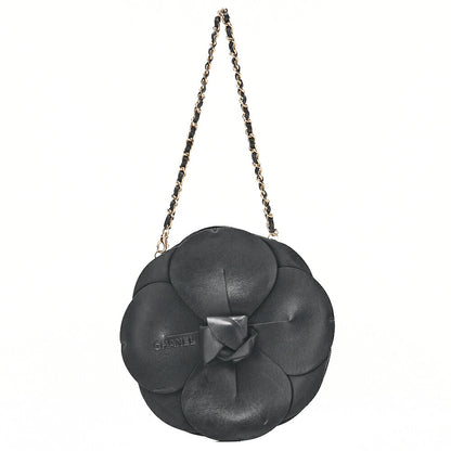 CHANEL Logo Camellia Pattern Chain Shoulder Satin x Leather Black Gold-Tone Hardware, Pre-Owned