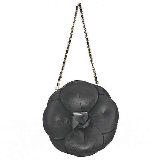 CHANEL Logo Camellia Pattern Chain Shoulder Satin x Leather Black Gold-Tone Hardware, Pre-Owned