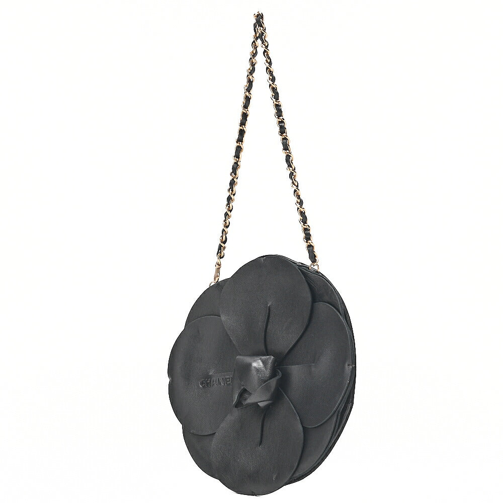 CHANEL Logo Camellia Pattern Chain Shoulder Satin x Leather Black Gold-Tone Hardware, Pre-Owned